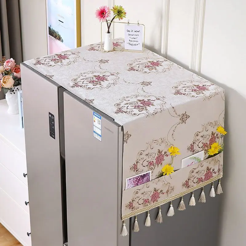

New Refrigerator Dust Cover Top Cover Cloth Floral Decor Hanging Bag Top Tassels Washable Home Microwave Oven Wash Machine Cover