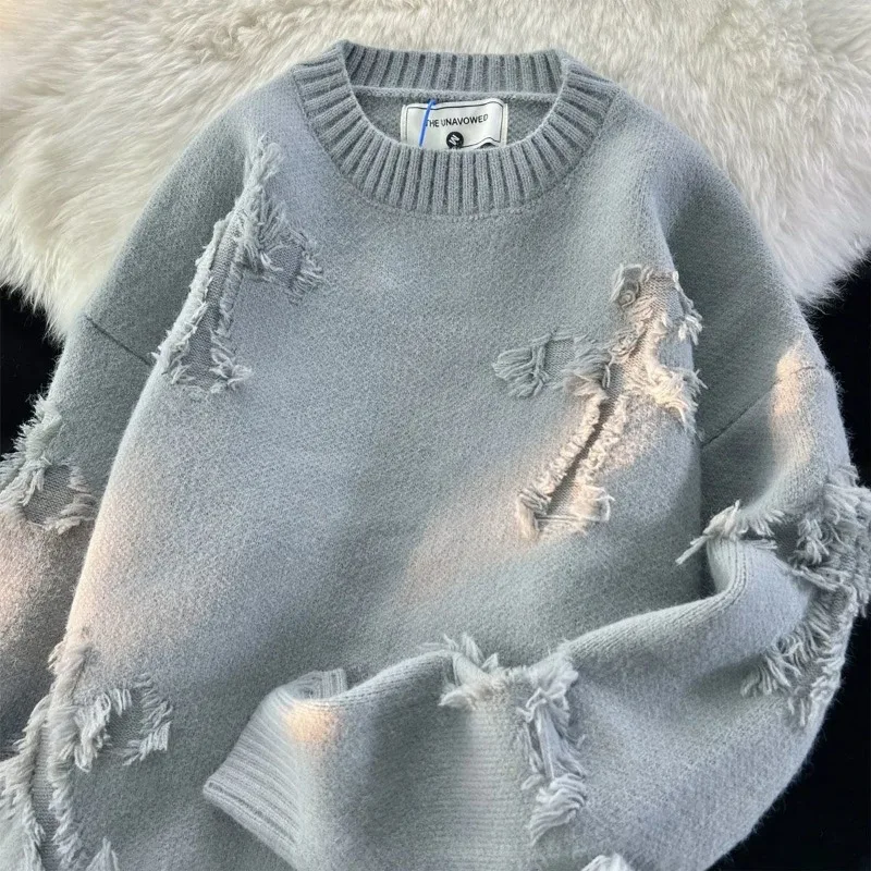 

2023 Autumn Winter New Knit Jumpers O Neck Solid Color Chic High Street Sweater Y2k Loose Grunge Hole Design Sense Pull Femme