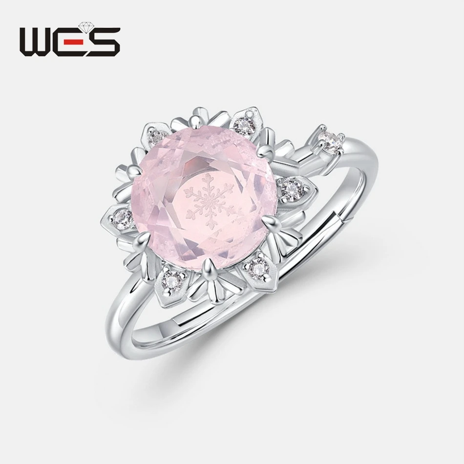 

WES 925 Sterling Silver Snowflake Ring for Woman 8*8mm Gemstone Rose Quartz Christmas Party Gifts Wedding Certified Fine Jewelry