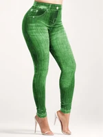 Plus size women's leggings with denim print and line pattern, showcasing a fashion-forward and casual high-stretch knitted pants - Image 2