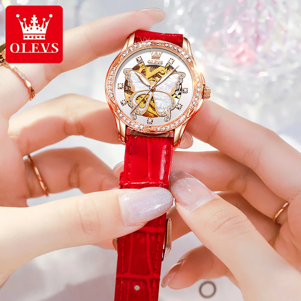 OLEVS Top Brand Mechanical Women Watch Fashion Switzerland Luxury Brand Ladies Wrist Watch Automatic Leather Strap Gift 4