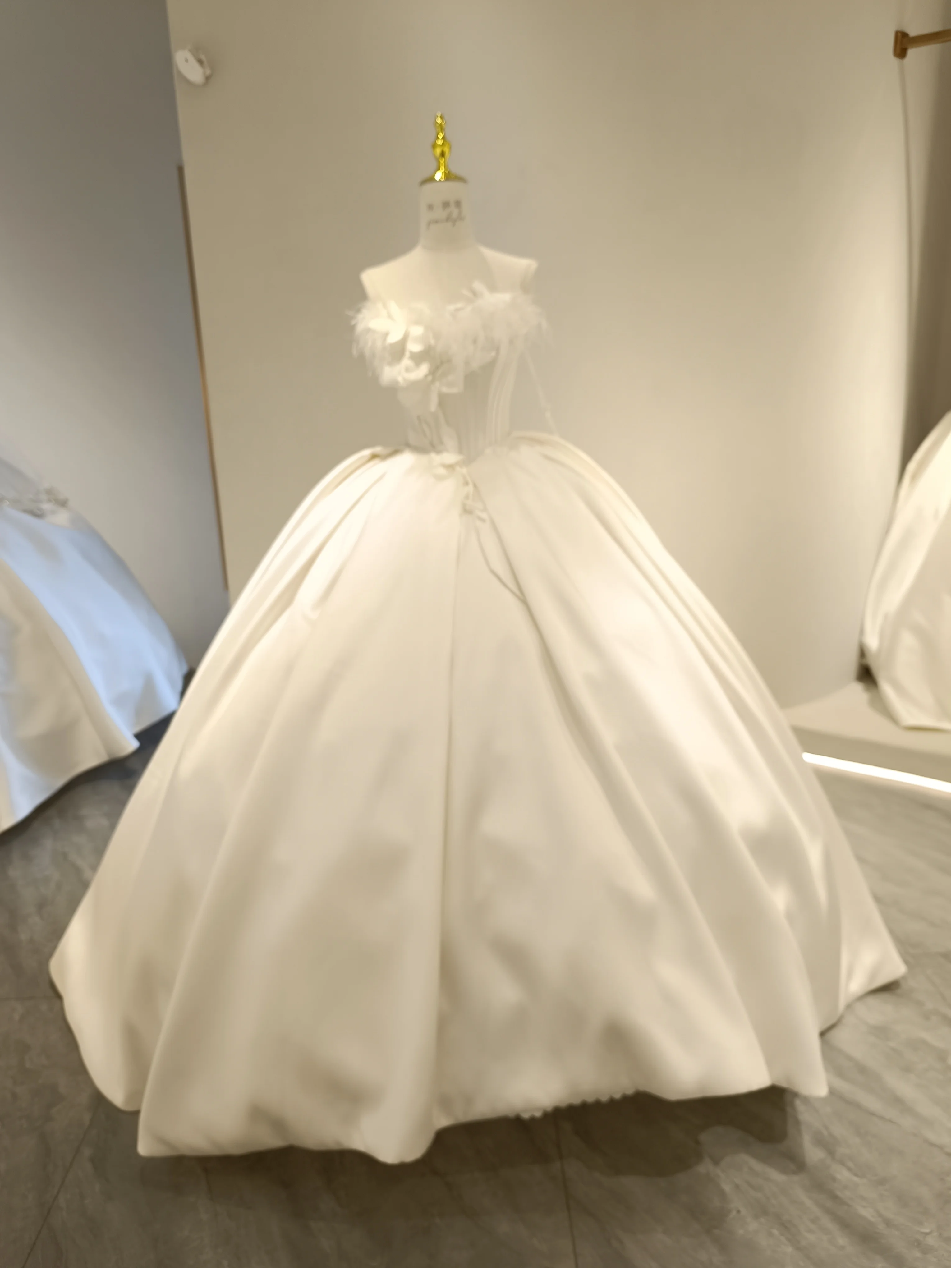 

Aoliweiya Bridal New Trendy Mikado Feather Pearls Wedding Dress