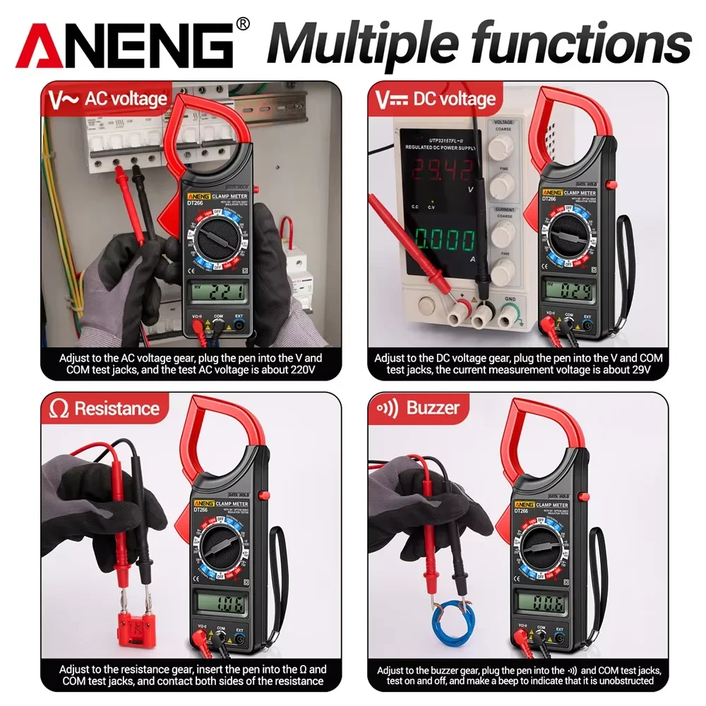 클램프 미터 멀티미터 ANENG DT266 +BT138 배터리 테스터 키트 AC/DC 전압 AC 전류 저항 데이터 홀드 테스터 도구 포함