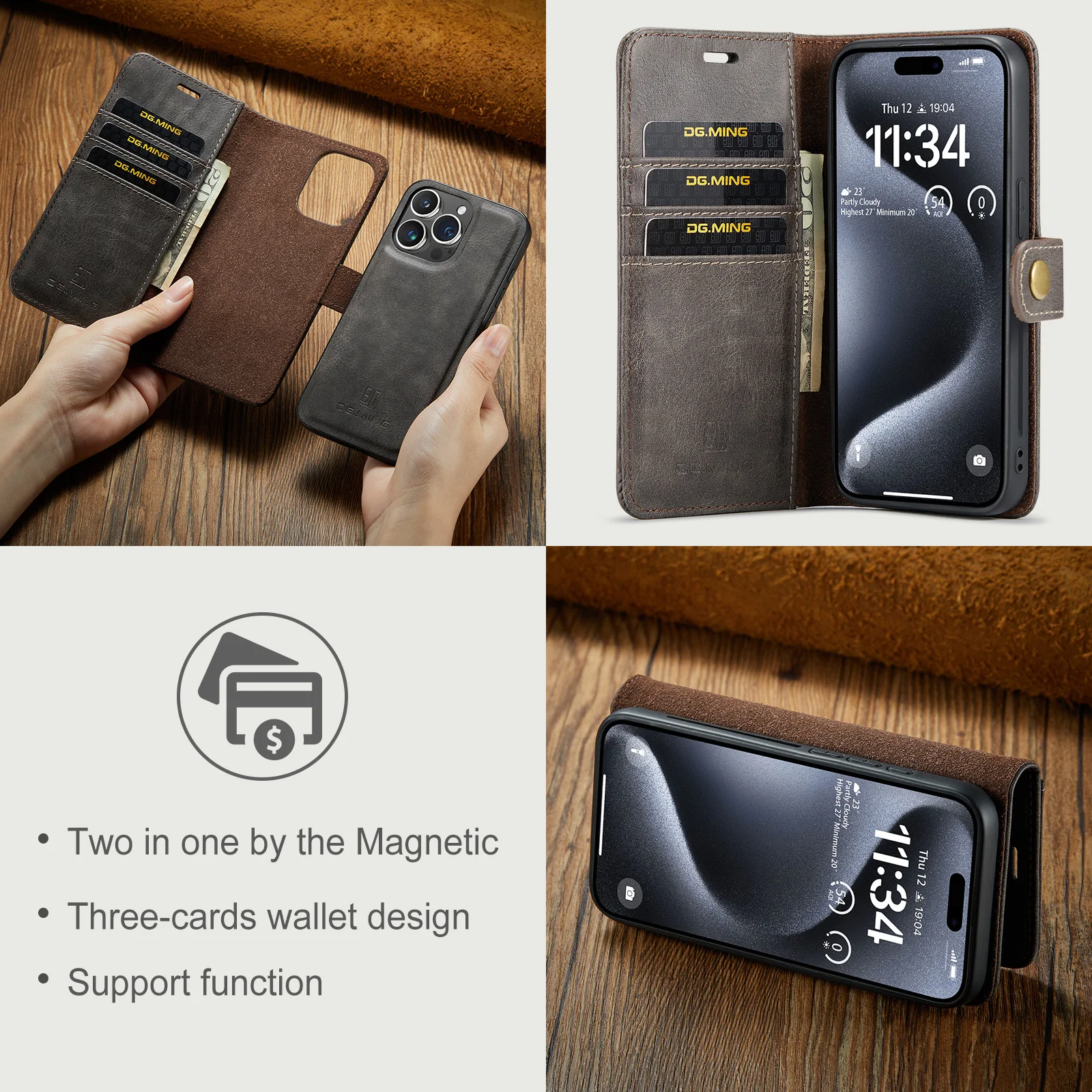 DG.Ming Luxury 2-Folding Detachable Magnetic Leather Wallet Case For iPhone 15 14 13 12 11 Pro Max Flip Cover for XS MAX 7 8 SE2