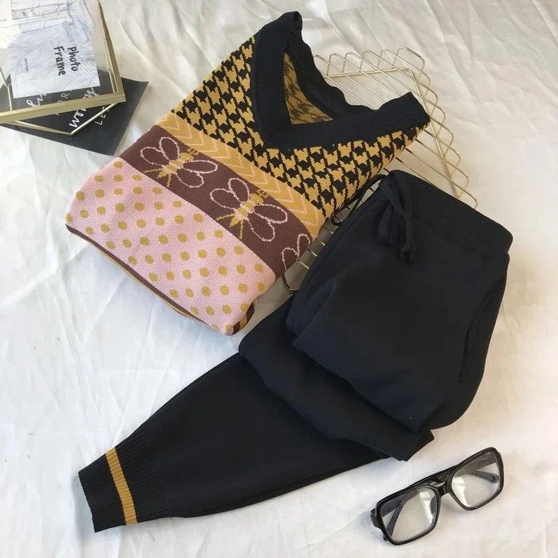 

Sweater Two Piece Sets Women Vintage Long Sleeve V-neck Patchwork Pullover Suit Ankle-length Pants Tracksuit Knit Outfits N304