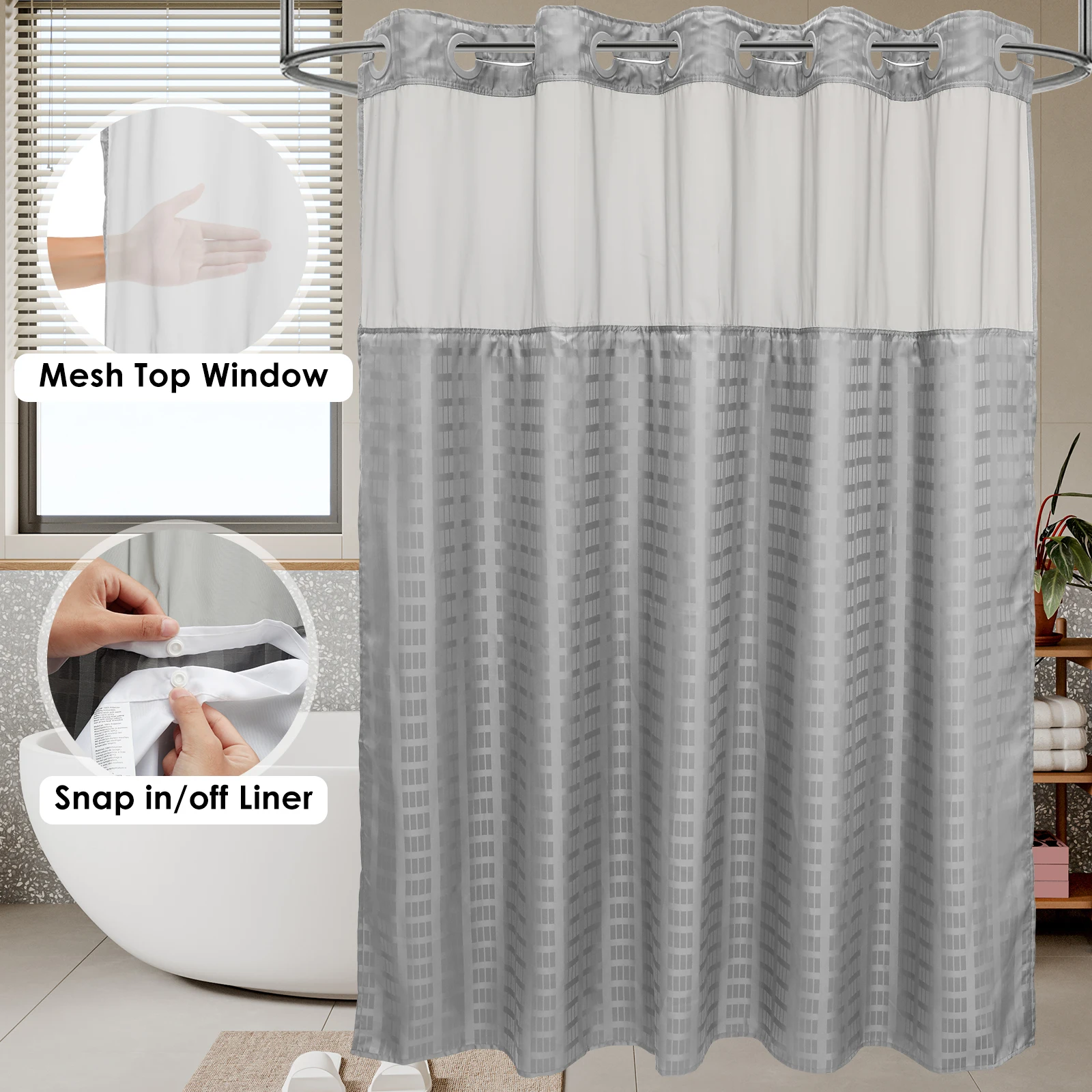 Waterproof Shower Curtain 180x188cm No Hook Shower Curtain Double Layer with Snap Contemporary Design Hotel Bathroom Curtain