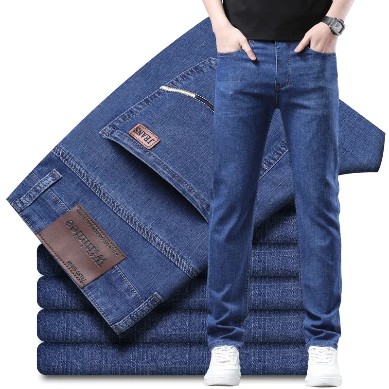 Autumn Classic Men's Fitted Stretch Jeans Business Casual Cotton Denim Straight Leg Pants Male Black Blue Trousers 4