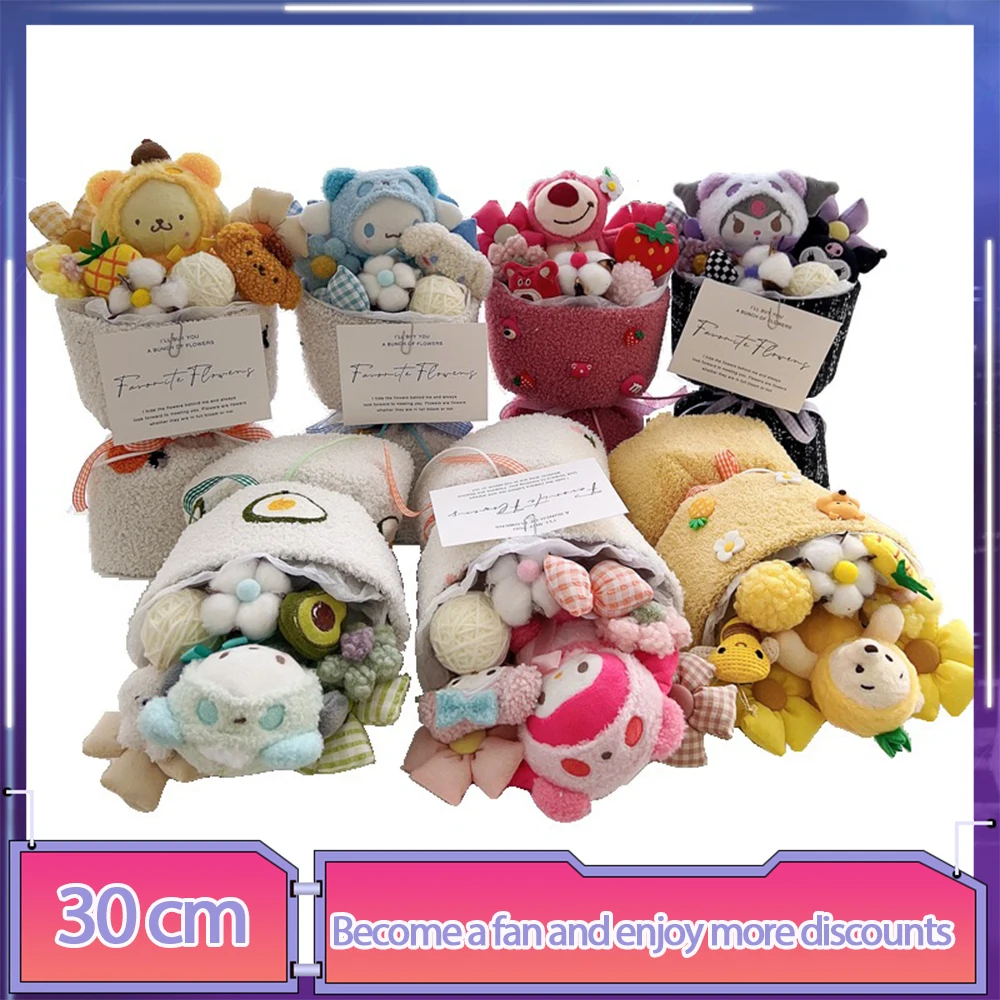 

Sanrio Hellokitty Kuromi Plush Kt Flower Bouquet Cartoon Cinnamoroll Stuffed Plush Toy Kawaii Girl Room Decoration Chritmas Gift