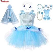 

Tonlinker Halloween Girls Blue Tutu Dress Frozen 2 Snow Queen Costume Kids Christmas Birthday Party Bow Mesh Princess Dresses
