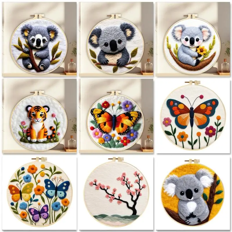 GATYZTORY Wool Felting Starter Kit Tiger Koala Butterfly Needle Felting Picture Needle Supplies Diy And Decoration