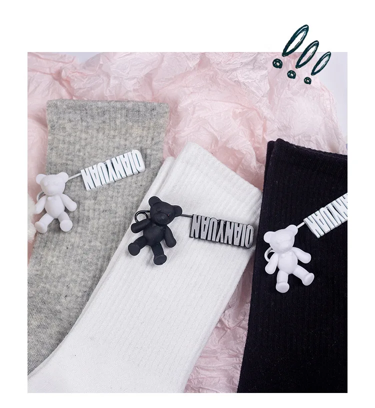 Black and White Pure Color Tube Socks Female Pin Bear Lovely Personality Tide Socks INS Korean Students Long Tube Cotton Socks