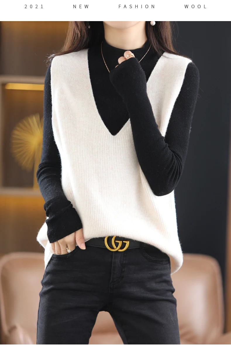 green sweater Spring And Autumn New 100% Pure Wool V-Neck Sleeveless Top Loose Fashion Temperament Knitted Pullover christmas sweatshirt