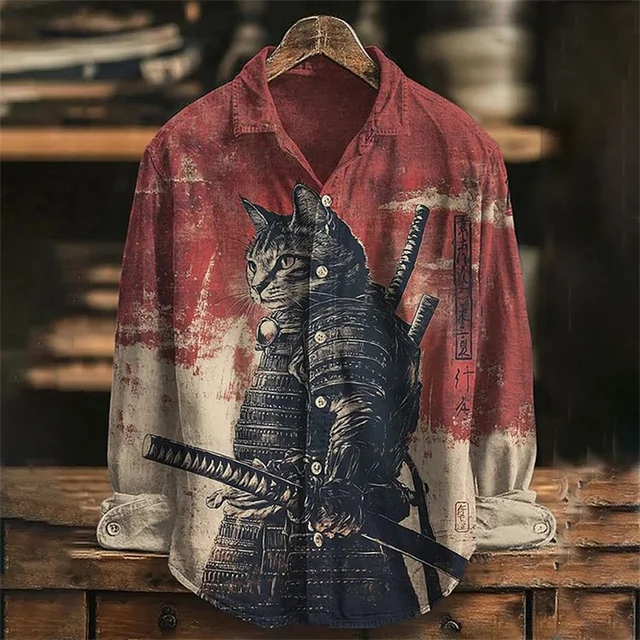 New Men's Long Sleeve Shirt Animal Cat 3D Printed Hawaiian Lapel Top Casual Comfortable Men's Shirt Top 2