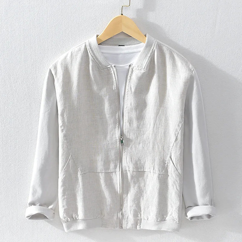 

2023 Men's Spring and Summer Fashion Zipper Shirt Stand Collar Long Sleeve Solid Color Linen Leisure Shirt