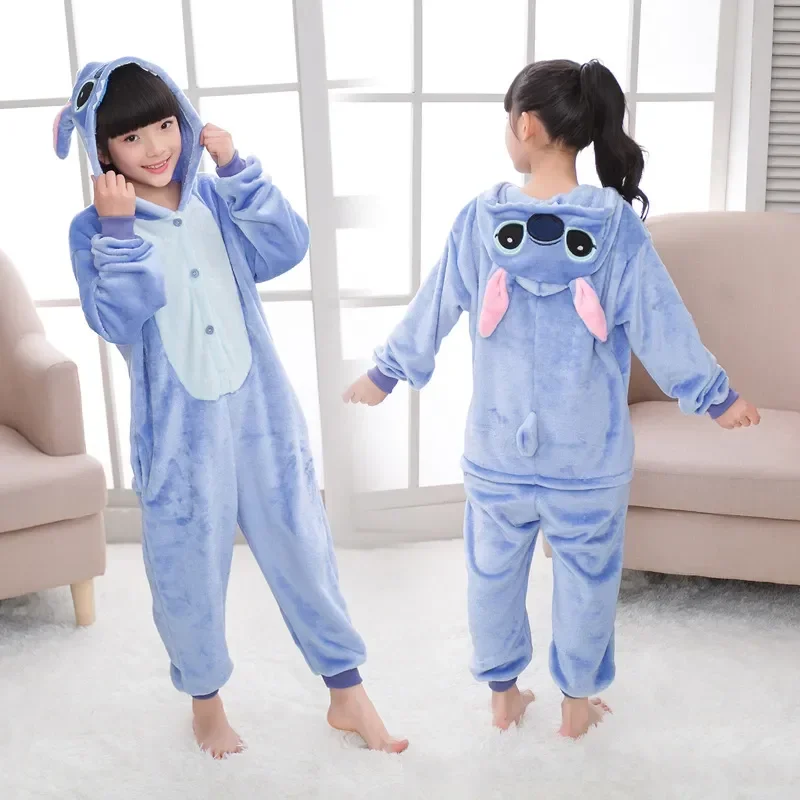 Disney Anime Stitch Kids Cosplay Costumes Jumpsuit Kigurumi Pajamas Cute Child Hooded Sleepwear Christmas Boys Girls Clothes