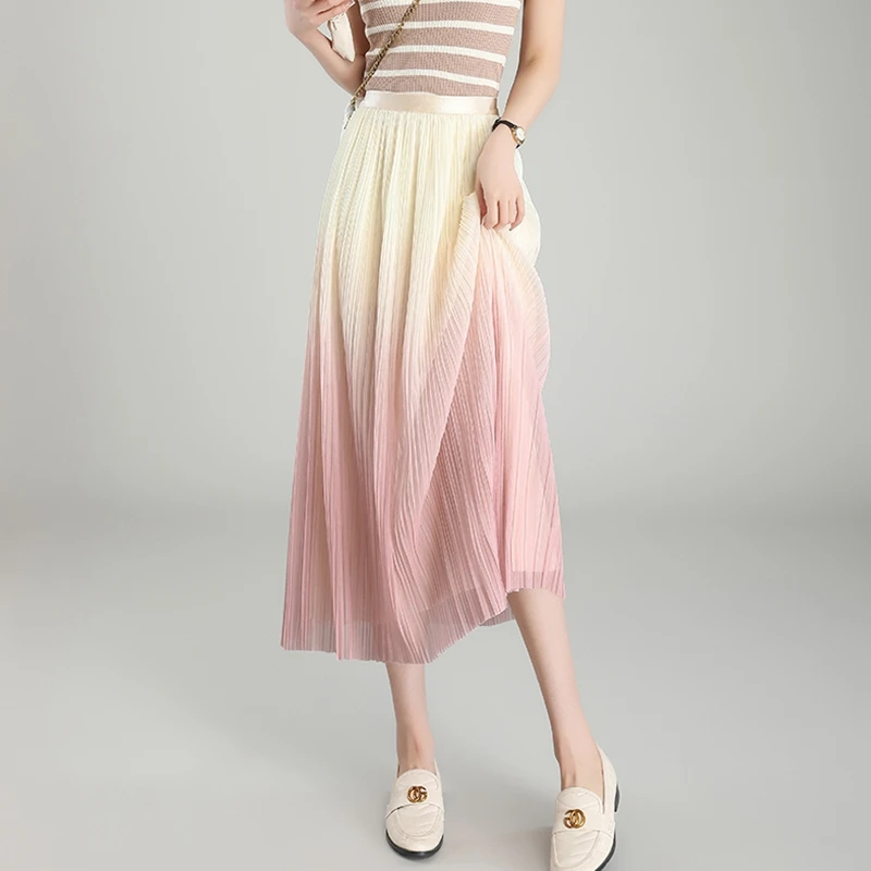 Fashion Gradient Pleated Mesh Tulle Skirts Women Elegant Casual High Waist A-Line Party Midi Long Skirt Ladies Spring Summe tulle maternity dresses for photo shooting pregnant photography props lace wraps full yard scattered pearls studded mesh outfit