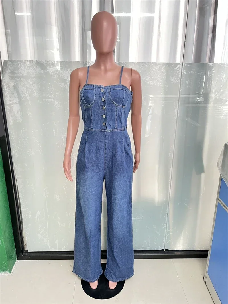 Streetwear Jean Spaghetti Strap Jumpsuits Women Summer Y2K Clothes Button Up Denim Rompers Playsuits One Pieces Overalls Outfits