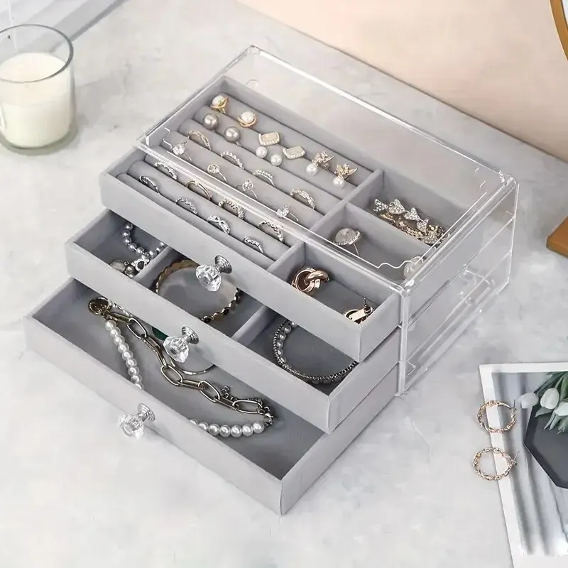 S38c33ea8a5b04ee7b75abe2876b20a5e6 Acrylic Jewelry Organizer Box 3 Drawers Clear Jewelry Storage Box For Earrings Bracelet Necklace Ring Watch Holder Velvet Box