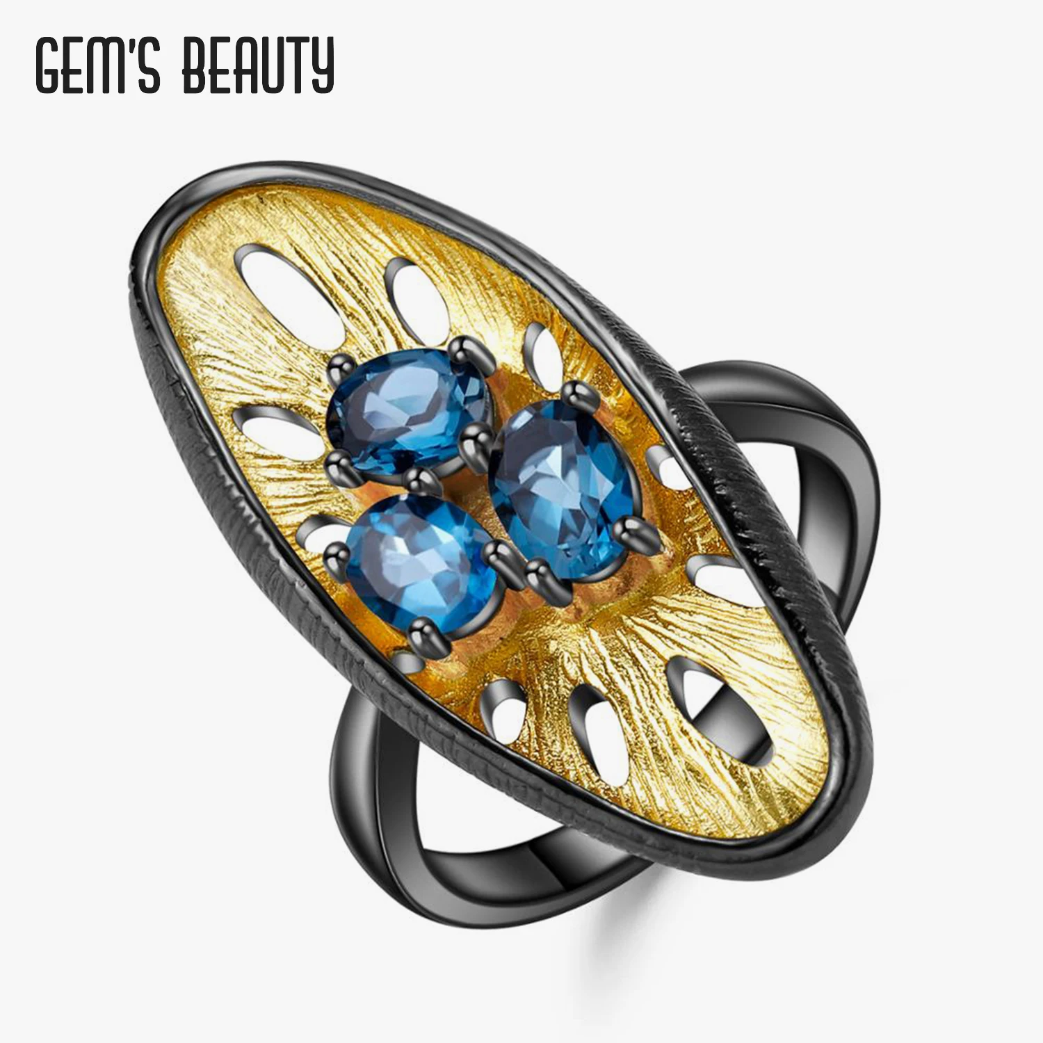 

GEM'S BEAUTY 925 Sterling Silver Creative Handmade Original Design London Blue Topaz Ring For Women Fine Jewelry Gold Plated
