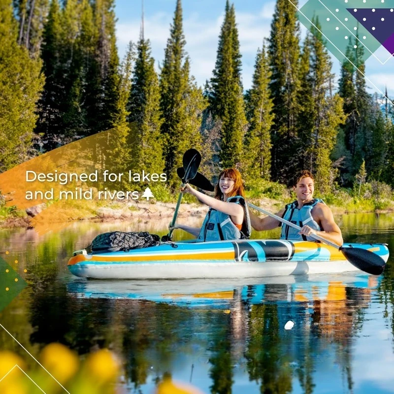 S38c36d452f02493f897374193a267645I 2-Person Inflatable Kayak with Aluminum Oars (136" x 33"), High Output Air Pump and Storage Bag Mallzona