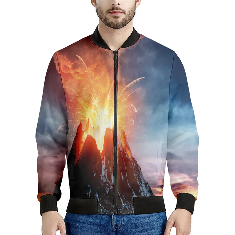 thumbnail image 1 of Chaquetas con estampado 3D de magma y erupción de volcán para hombre, sudadera holgada de manga larga, chaqueta bomber informal con cremallera, ropa de calle, abrigo, 1 of 5