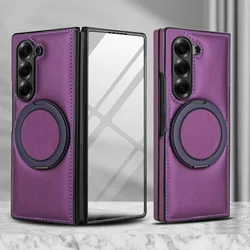 Magnetic Ring Holder Case with 360° Rotatable Stand and Built-in Screen Protector Cover for Galaxy Z Fold 7 (Dark Purple)