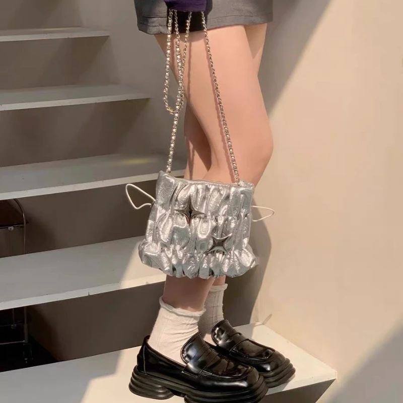 

Xiuya Y2k Sweet Cool Crossbody Bag Pu Leather Silver Stars Chain Pleated Drawstring Handbag Gothic Fashion Designer Bucket Bag