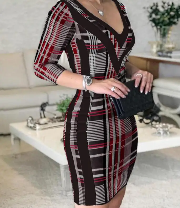 Ladies Clothing New Winter Fashion Commuter Office All-Match Elastic Sexy V-Neck Classic Plaid Contrast Color Slim Dress evening dresses