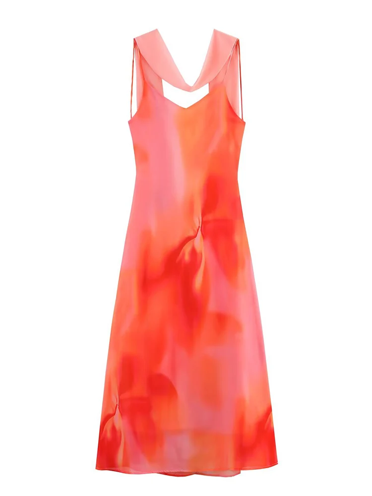 TFMLN Elegant Women Tie-dye Print Sling Dress With Scarf Holiday Style Sleeveless Long Evening Dress Female New Vacation Robes