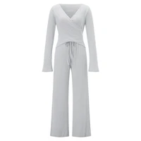 Ensemble de salon Vintage pour femmes, tenue 2 pièces, col en V, cravate à la taille, T-shirt + pantalon à taille élastique, haut court à manches longues, automne 3