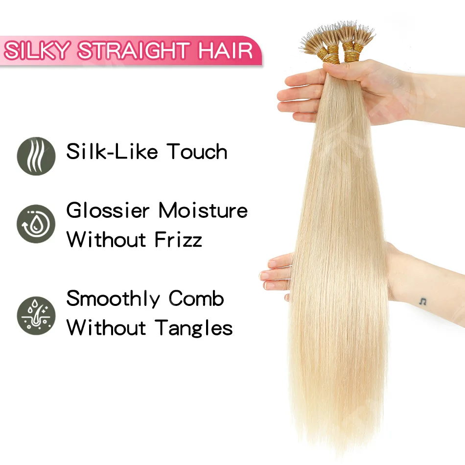 Extensioni per capelli umani con anello nano da 50/100 ciocche, 100% capelli umani Remy europei, 14-24 pollici, lisci, pre-incollati con micro anelli - immagine 2