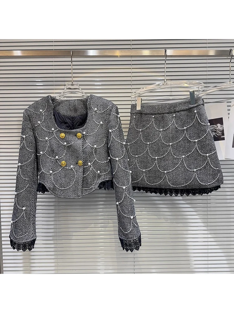 

HIGH STREET Newest 2024 Designer Suit Set Women's Pearl Wave Lace Edge Short Jacket Skirt Set