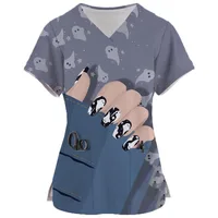 Nursing Uniform Women's Working Clothes Scrubs Top Pockets Nail printing V-Neck Medical Short Sleeve Nail artist uniform