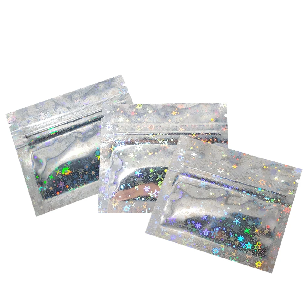 

100 pcs Small Ziplock Aluminum Foil Hologram Star Laser Bag Resealable Mylar Zip Packaging Bag for Food Sample Powder Wrapping