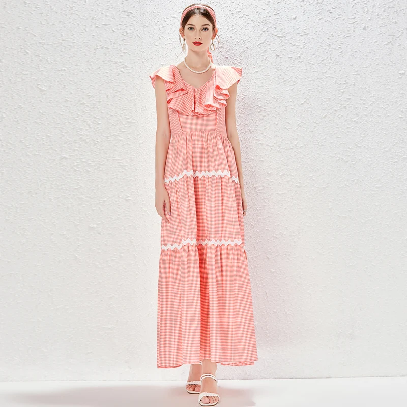 

New Small Plaid V-neck Layers Lace Dresses Summer High Waist Big Swing Elegant Butterfly Sleeve Ankle-Length Maxi Dress 2023