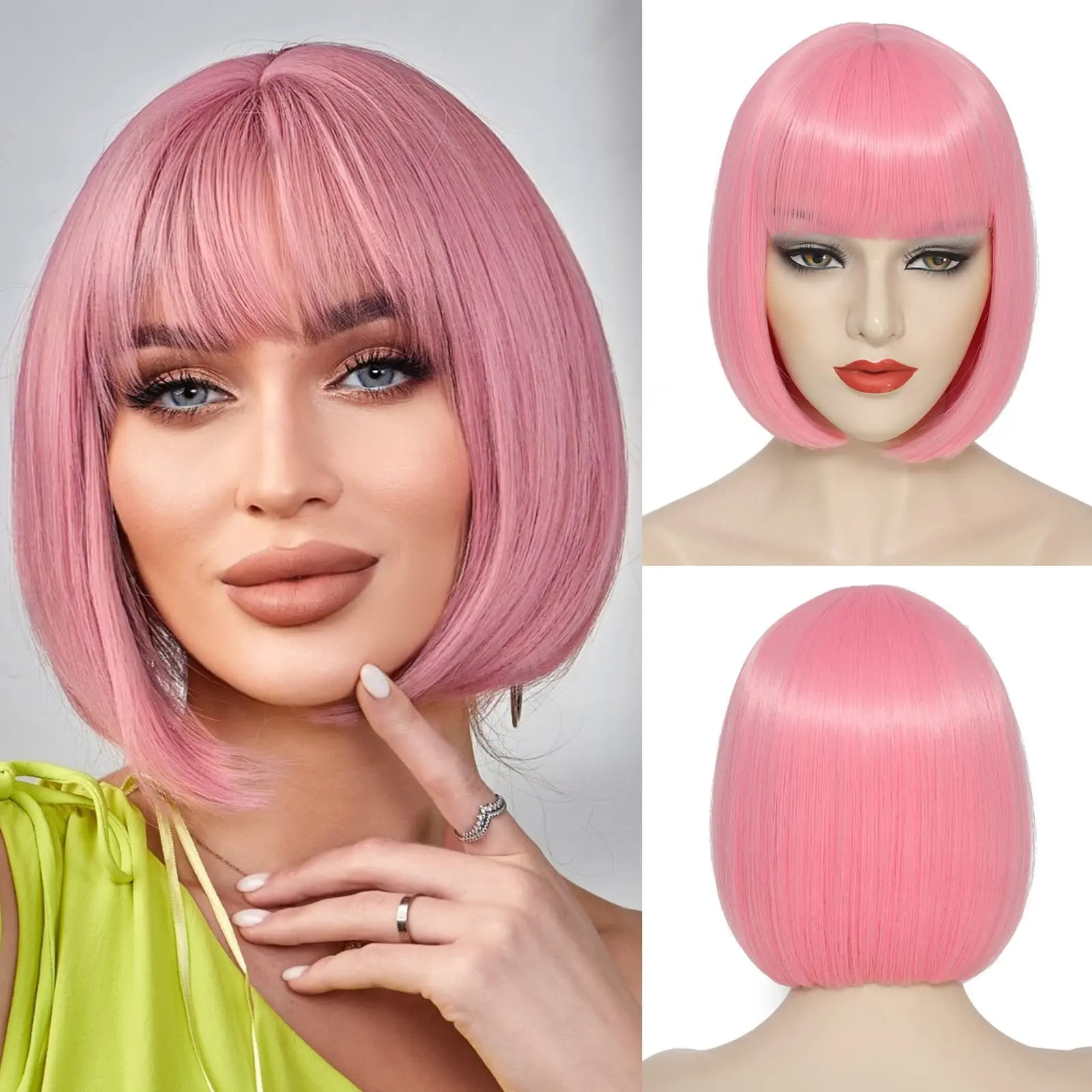 

Heat Resistant, Synthetic Hair, Short Pink Bob Wig with Bangs for Women, Straight Bob Wig, Natural Looking