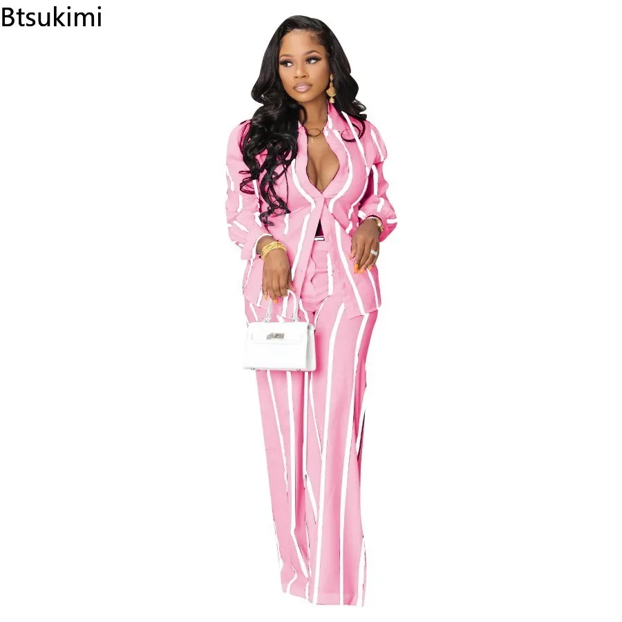 2024 Women's 2 Pieces Sets Striped Print Casual Pants Set Female Clothes Sets Long Sleeve Casual Shirts and Straight Pants Set