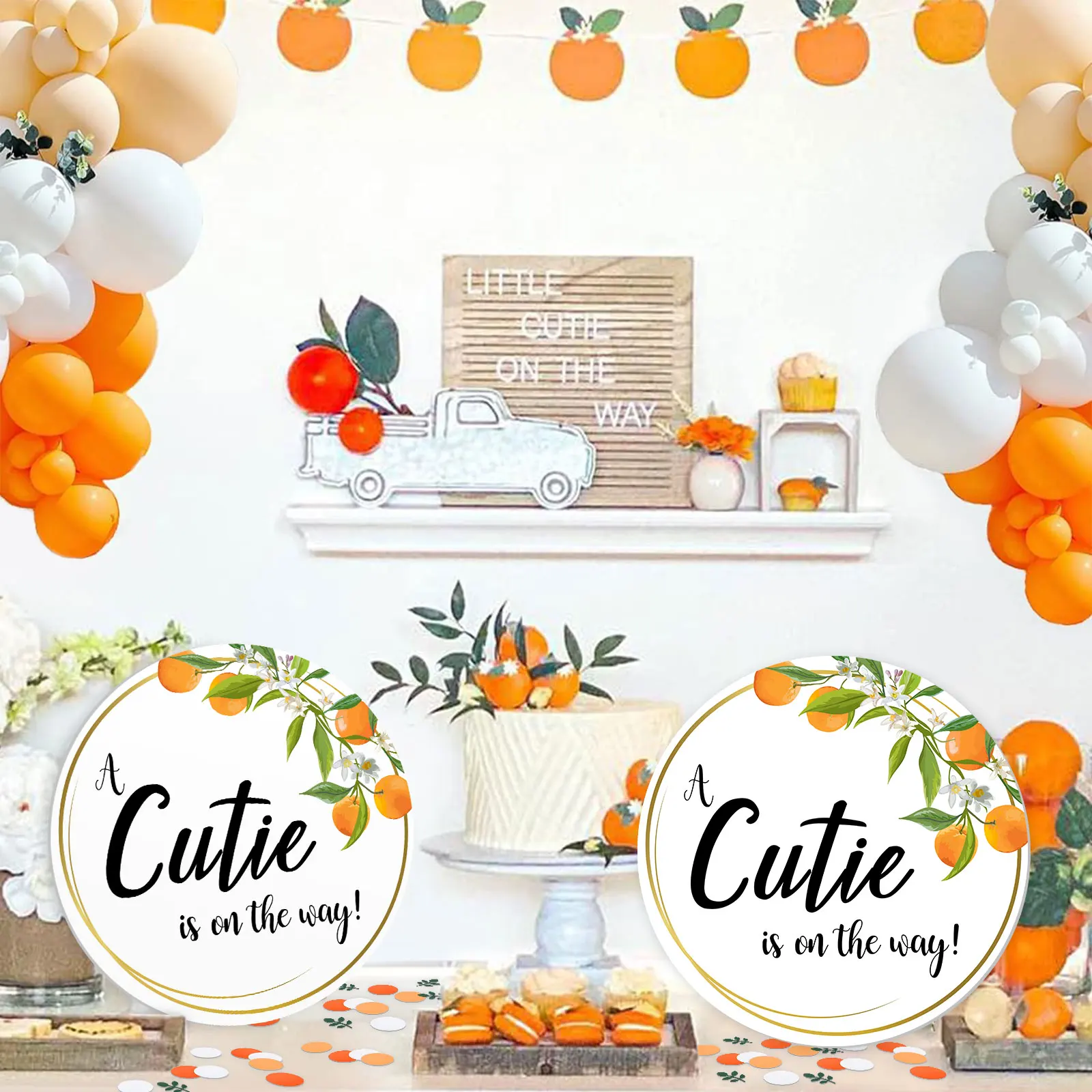A little Cutie is on the way Baby Shower Welcome Sign Foam Board Round Orange Welcome Sign Personalized Birthday Party Direction