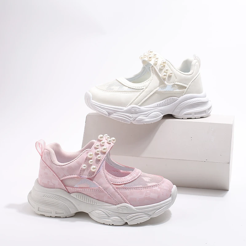 여아용 통기성 용수철 공주 스포츠 스니커즈, 키즈 캐주얼 테니스 신발, 진주 어..