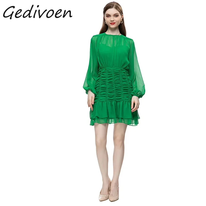 

Gedivoen Summer Fashion Designer Vintage Buttock Covering Dress Women O-Neck High Waist Ruched Ruffles Evening Party Mini Dress