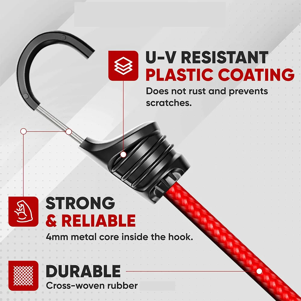 Description Picture 5 of item2/4Pcs 39.3Inch Red Elastic Bungee Cords Plastic Coated Metal Hooks Bungee Straps Heavy Duty Bungee Ropes for Bike Tents Camping