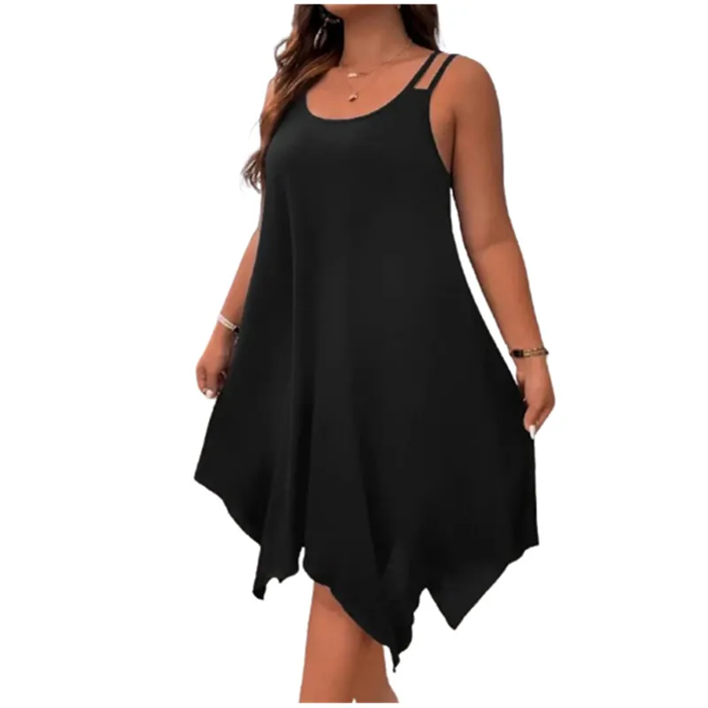 Plus Size Womens Solid Strappy Asymmetrical Hem T Shirt Midi Dress Ladies Sleeveless Casual Loose Summer Holiday Sundress XL-5XL 6
