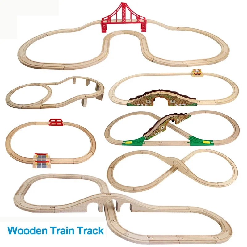 Accesorii noi pentru șine de tren din lemn șină de jucărie compatibilă cu trenuri din lemn șine din lemn cale ferată cu toate mărcile de trenuri