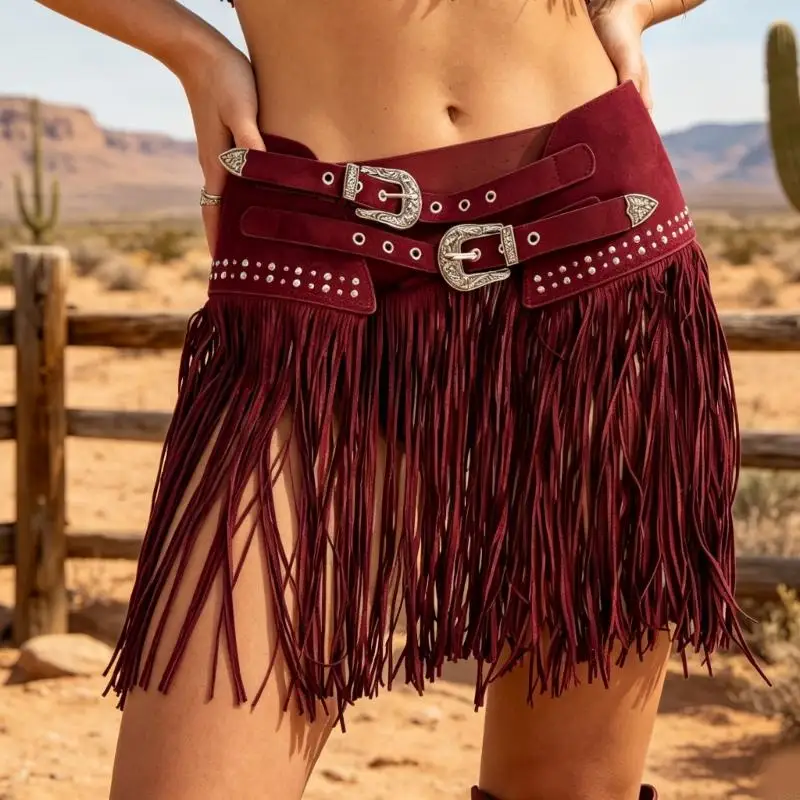 Cintura in da donna con frange western, cintura con gonna ampia con doppie fibbie in rosso vino opaco morbido per look da - immagine 2