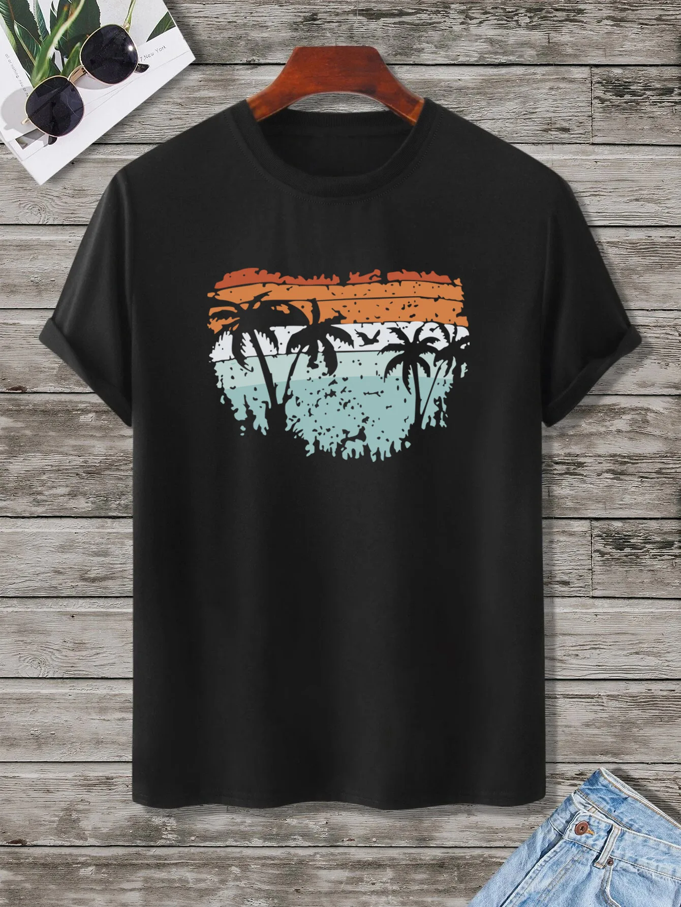 Coconut tree print Crew Neck T-shirt, Casual Short Sleeve Fashion Summer T-Shirts Tops, Men's Outfits,Oversize Tees_voghion.com