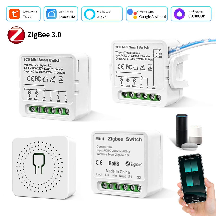 Tuya 스마트 지그비 스위치 스마트 라이프 앱 원격 모듈 100-240V 1/2/3CH 지그비 릴레이 차단기는 Alexa Google Assistant와 함께 작동합니다.