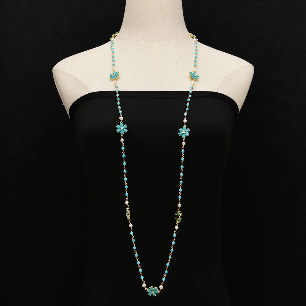 GG 45'' Natural White Pearl Faceted Turquoise Blue Jade Flower Crystal CZ Paved Sweater chain Necklace Lady Party Gifts