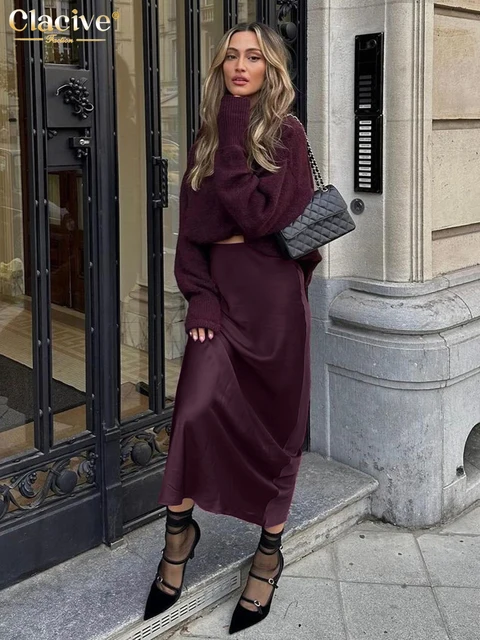 Clacive Fashion Loose Wine Red Satin Skirts For Women Elegant High Waist Ankle Length Skirt Casual Simple Skirt Female Clothing 1