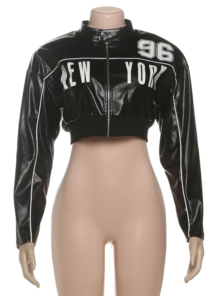 Nibber Hottie Letter Print PU Leather Coats Woman Zip Cardigan Full Sleeve Navel Exposed Autumn Trend High Street Style Jacket
