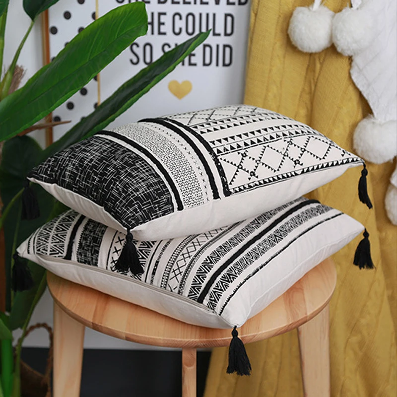 Morroco Boho Black White Cushion Cover With Tassels 30X50/45X45cm Nordic Style Printed Throw Pillowcase Bedroom Home Decoration